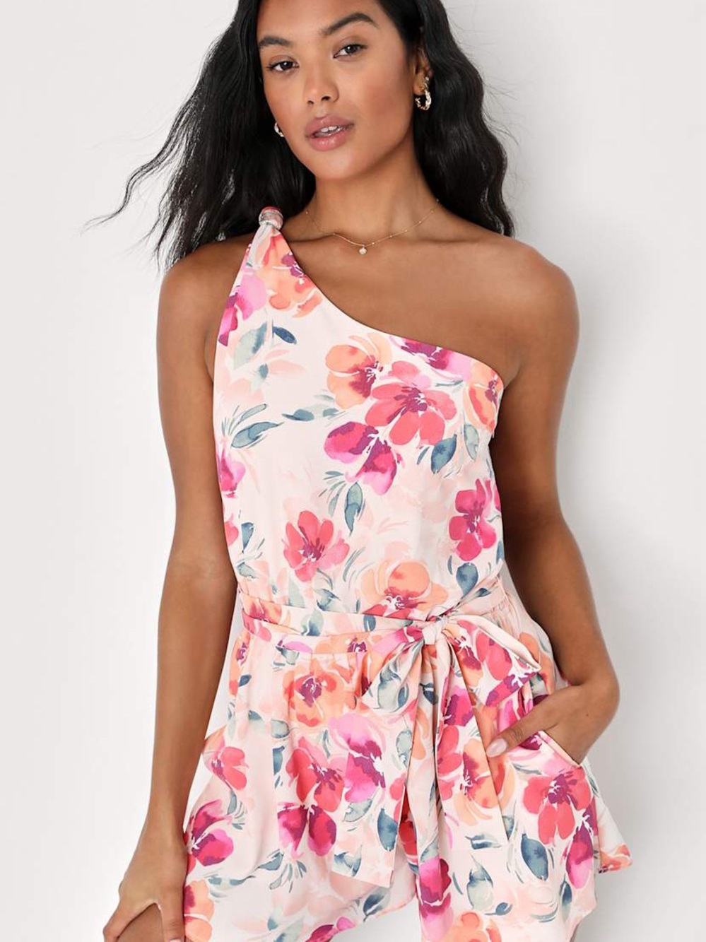 Lulu's Pink Floral One-Shoulder Romper